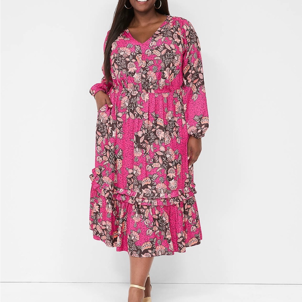 NWT Lane Brant Satin Tiered Ruffle-Detail Midi Dress Size: 22